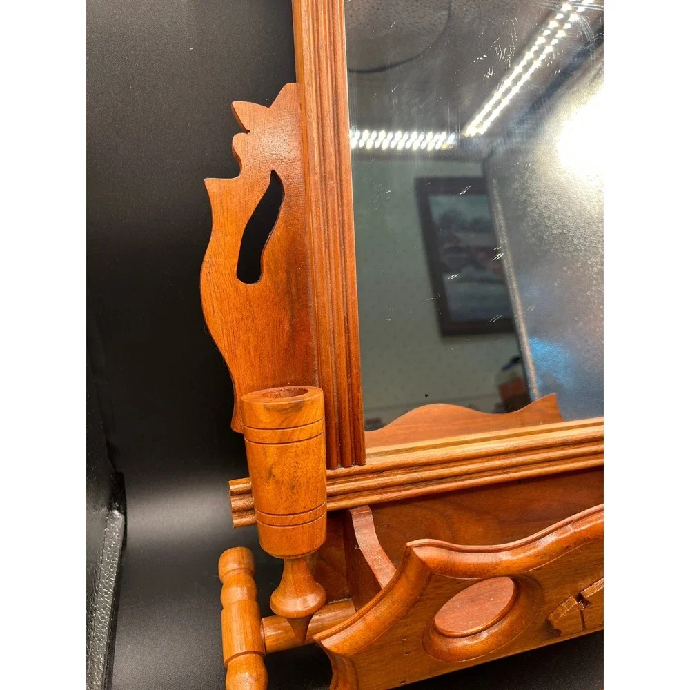 Antique Maple Wood Ornate Shaving/Vanity Mirror 2 Candle Holders 13